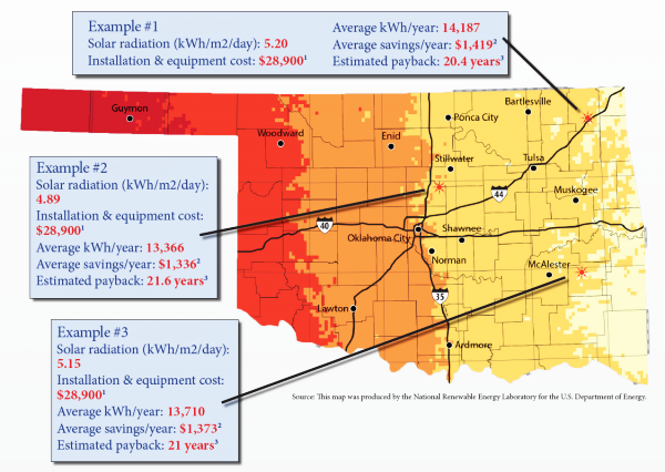 A map is measured in kilowatt-hours per square meter per day (kWh/m2/day), which represents insolation, the total energy on a surface over a specific time interval. Examples use the location’s solar resource to determine average output and savings per year, and were calculated using the National Renewable Energy Laboratory’s (NREL) PV Watts calculator 