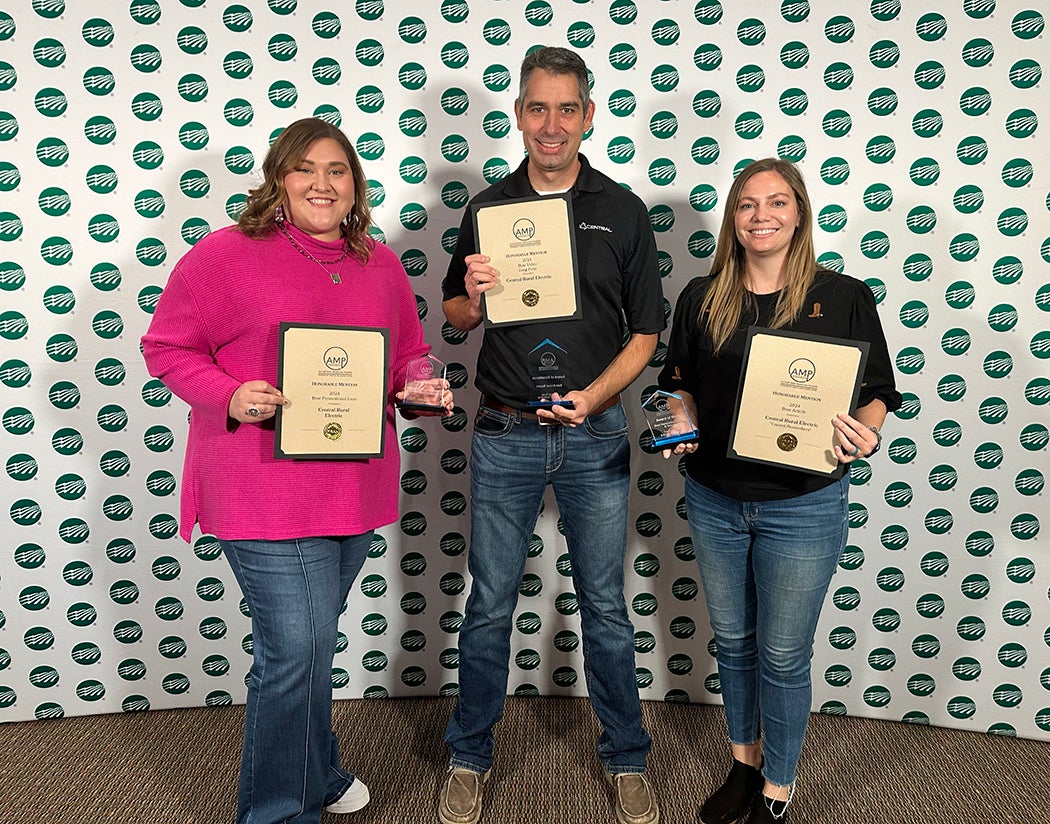 Central’s Communications Team (pictured left to right) Kory Bowman, Larry Mattox and Ivy Swan were recognized at Oklahoma Living’s AMP awards.